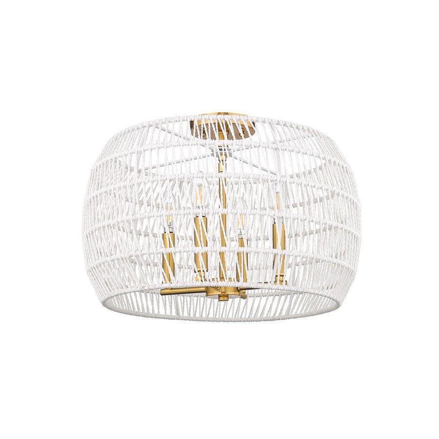 Golden Ellie 4-Light Semi-Flush, Brushed Gold/White Raphia Rope - 6808-4SFMBG-WR