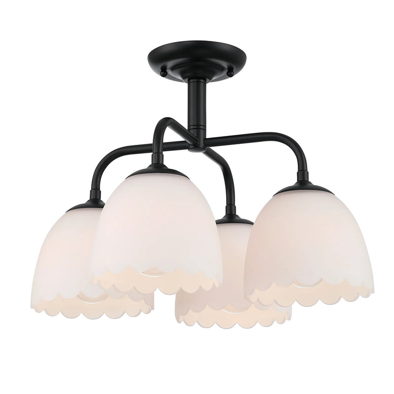 Golden Lighting Dorinda 18in 4-Light Semi-Flush Mount | Country Farmhouse Matte Black and Opal Glass | Entryway & Bedroom | Model 6954-4SF BLK-OP