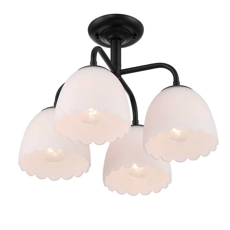 Golden Lighting Dorinda 18in 4-Light Semi-Flush Mount | Country Farmhouse Matte Black and Opal Glass | Entryway & Bedroom | Model 6954-4SF BLK-OP