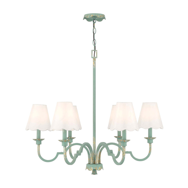 Golden Lighting Cheshire 31in 6-Light Chandelier | Traditional Antique Teal and White Rayon Fabric | Dining Room & Foyer | Model 7008-6 TEAL-WY