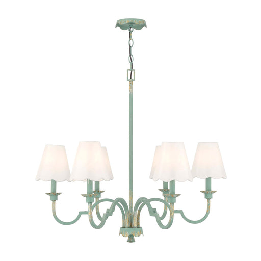Golden Lighting Cheshire 31in 6-Light Chandelier | Traditional Antique Teal and White Rayon Fabric | Dining Room & Foyer | Model 7008-6 TEAL-WY