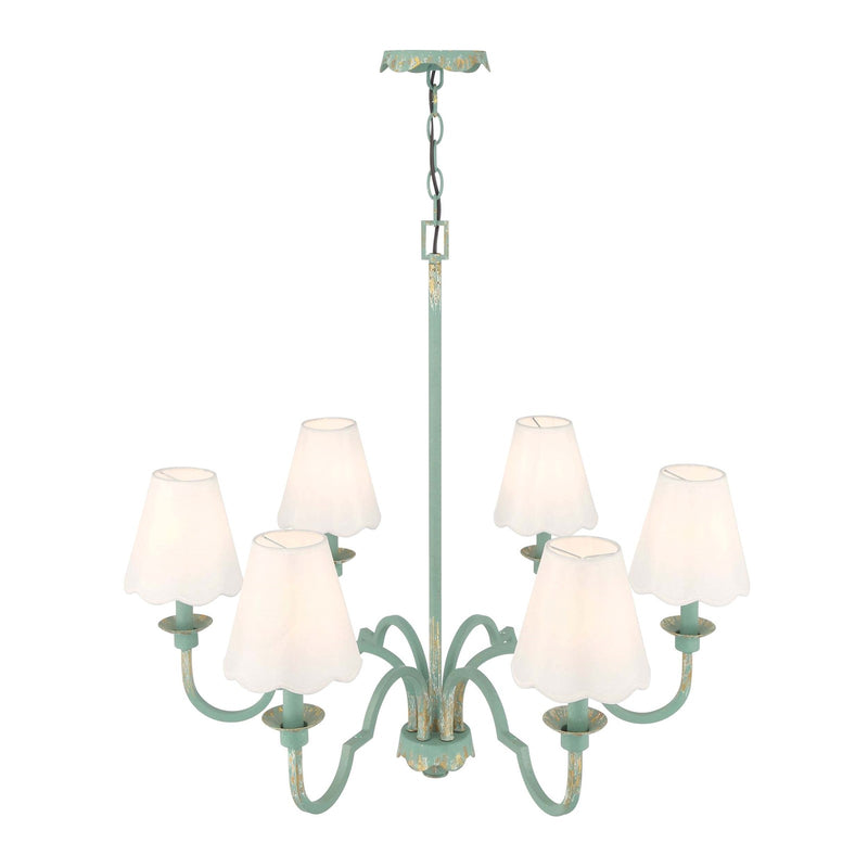 Golden Lighting Cheshire 31in 6-Light Chandelier | Traditional Antique Teal and White Rayon Fabric | Dining Room & Foyer | Model 7008-6 TEAL-WY