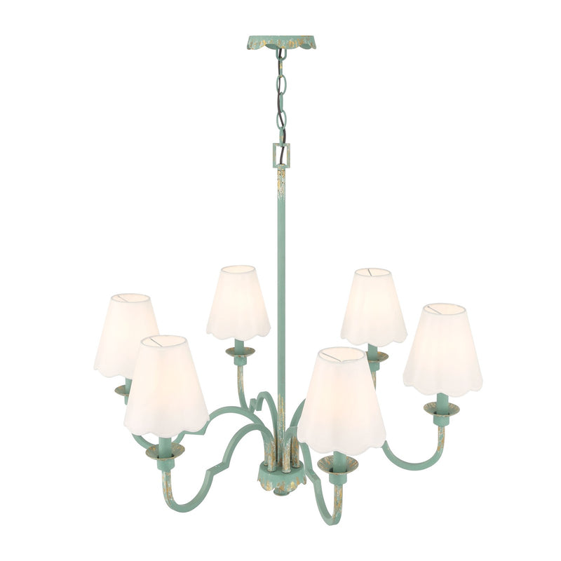 Golden Lighting Cheshire 31in 6-Light Chandelier | Traditional Antique Teal and White Rayon Fabric | Dining Room & Foyer | Model 7008-6 TEAL-WY