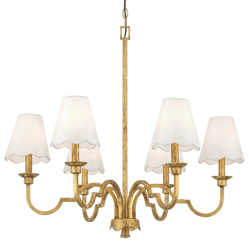 Golden Lighting Cheshire 31in 6-Light Chandelier | Traditional Vintage Gold and White Rayon Fabric | Dining Room & Foyer | Model 7008-6 VG-WY