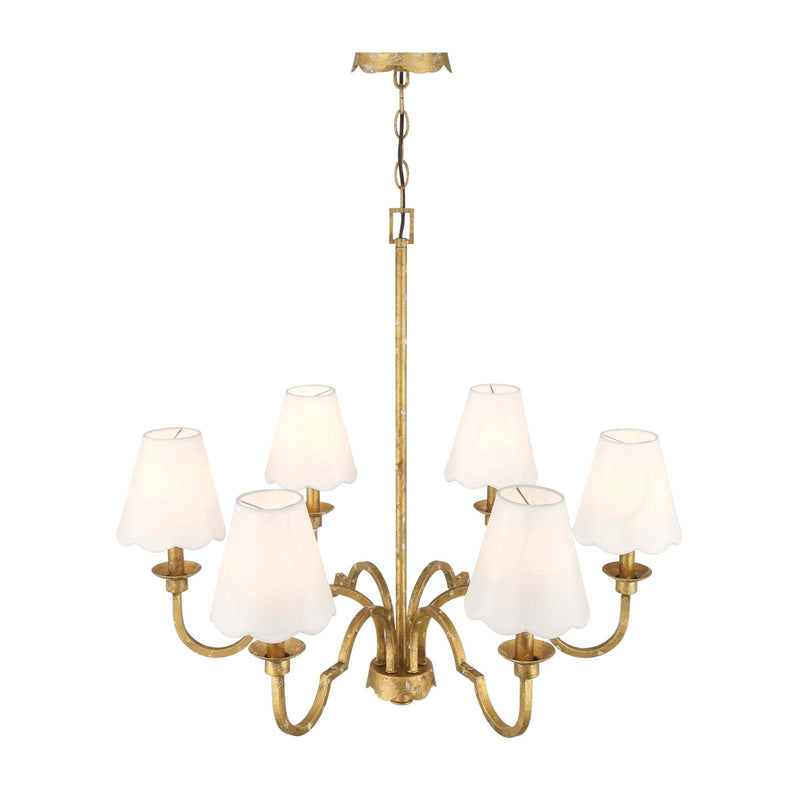 Golden Lighting Cheshire 31in 6-Light Chandelier | Traditional Vintage Gold and White Rayon Fabric | Dining Room & Foyer | Model 7008-6 VG-WY