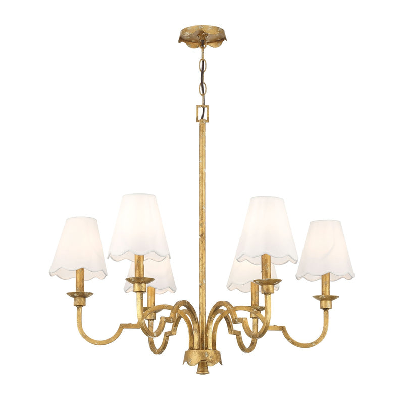 Golden Lighting Cheshire 31in 6-Light Chandelier | Traditional Vintage Gold and White Rayon Fabric | Dining Room & Foyer | Model 7008-6 VG-WY