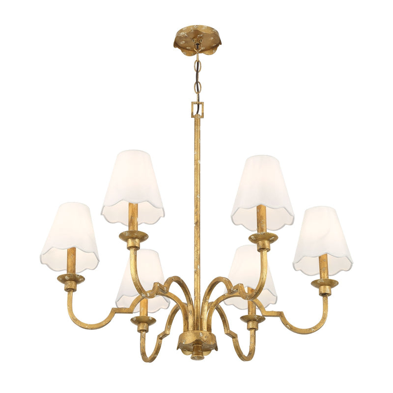 Golden Lighting Cheshire 31in 6-Light Chandelier | Traditional Vintage Gold and White Rayon Fabric | Dining Room & Foyer | Model 7008-6 VG-WY