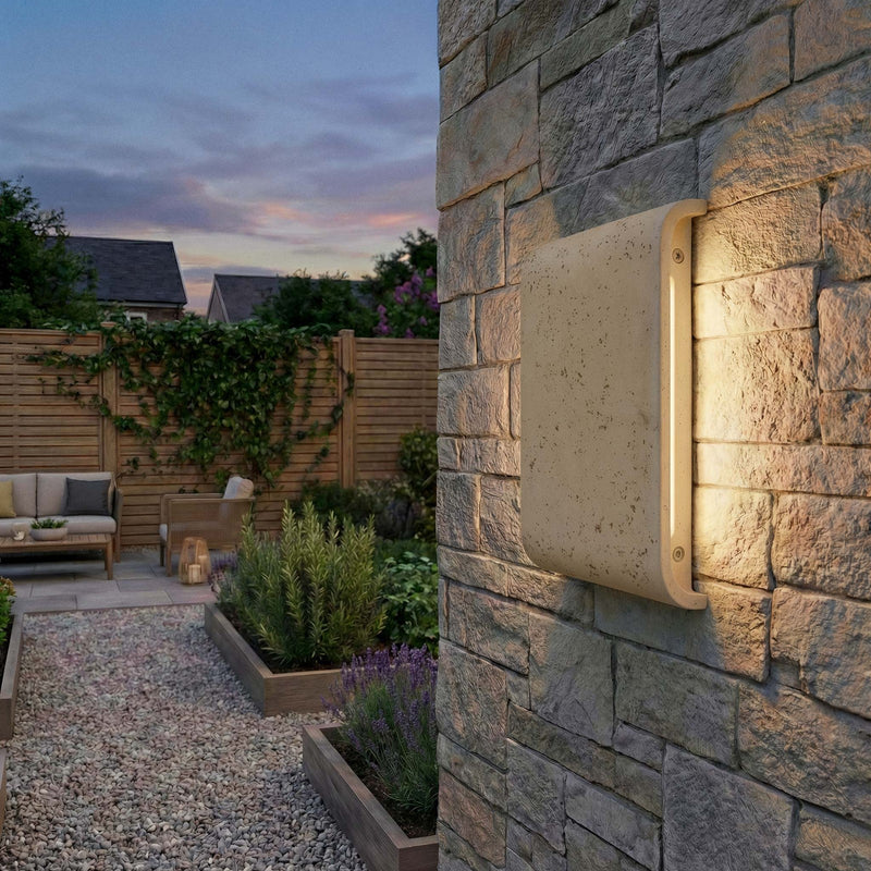 Golden Lighting Stela 9in Integrated LED Outdoor Wall Light | Modern White Travertine Concrete | Entryway & Patio | Model 7280-OWL9 WT