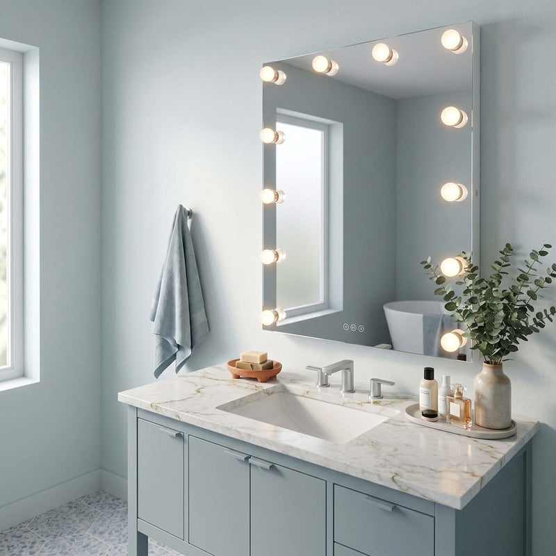 Golden Lighting StarLight 30in Lighted Mirror | Modern Matte White Steel with Clear Acrylic Globe | Bathroom & Vanity | Model 8195-30M WHT-A