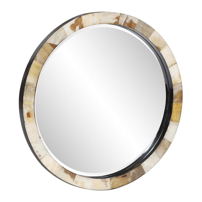 Howard Elliott Godfrey Round White Tiled Horn Mirror, Natural