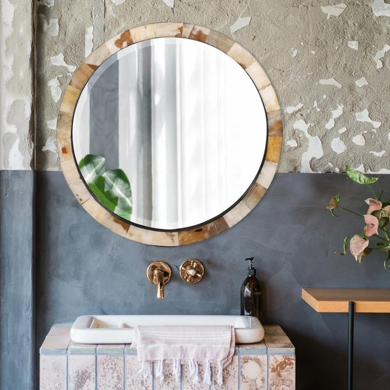 Howard Elliott Godfrey Round White Tiled Horn Mirror, Natural