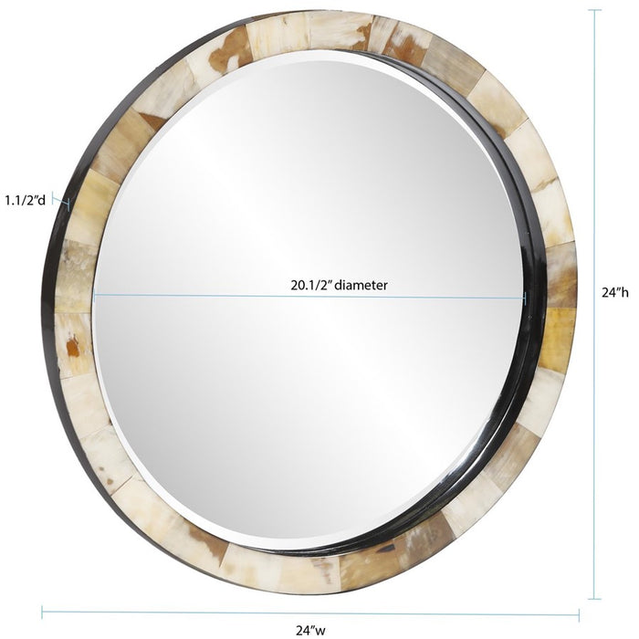 Howard Elliott Godfrey Round White Tiled Horn Mirror, Natural