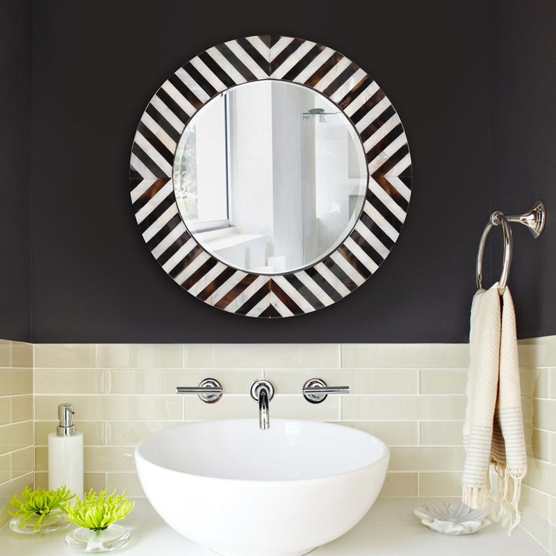 Howard Elliott Julianna Round Horn and Shell Tiled Mirror, Black/Pearl