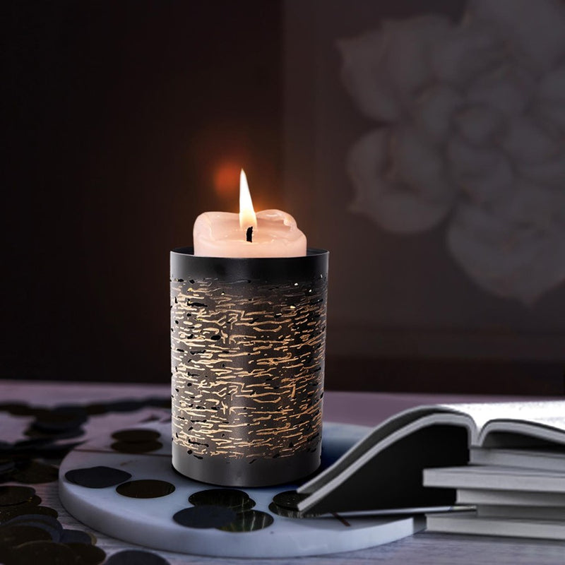 Howard Elliott Golden Thread 4" Cylindrical Candle Holder, Black/Gold