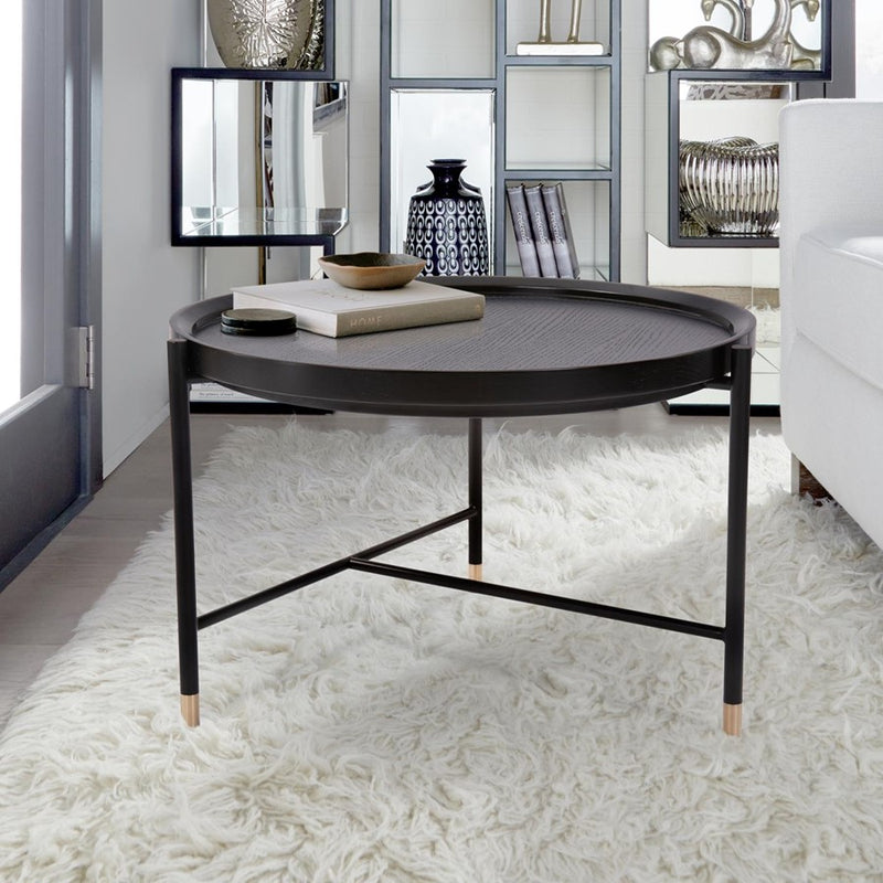 Howard Elliott Soho Round Coffee Table, Dark Ash/Brass