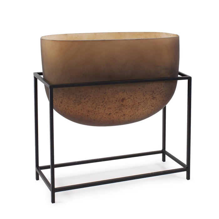 Howard Elliott Bronze Euler 13" Wide Mouth Vase/Black Iron, Brown/Black