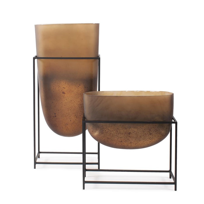 Howard Elliott Bronze Euler 13" Wide Mouth Vase/Black Iron, Brown/Black