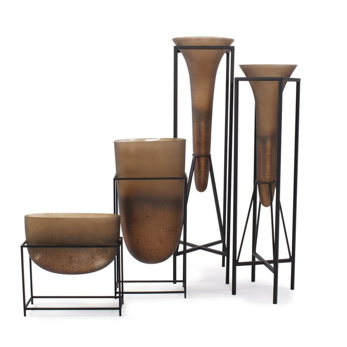 Howard Elliott Bronze Euler 13" Wide Mouth Vase/Black Iron, Brown/Black