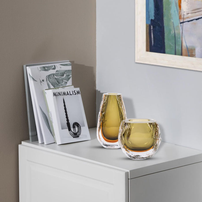 Howard Elliott Dusty Olive Crystalized Glass Vase/Short, Olive