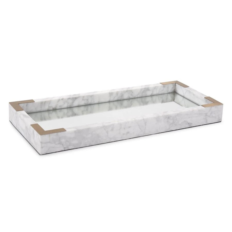 Howard Elliott White Mirrored Marble Tray, White/Gray/Brass