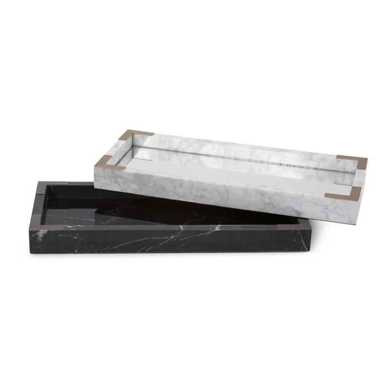 Howard Elliott White Mirrored Marble Tray, White/Gray/Brass