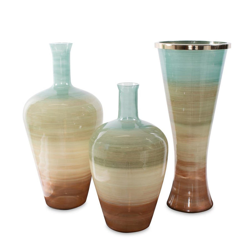 Howard Elliott Capri Stripe Glass Bottle Vase/Short, Teal/Green/Brown