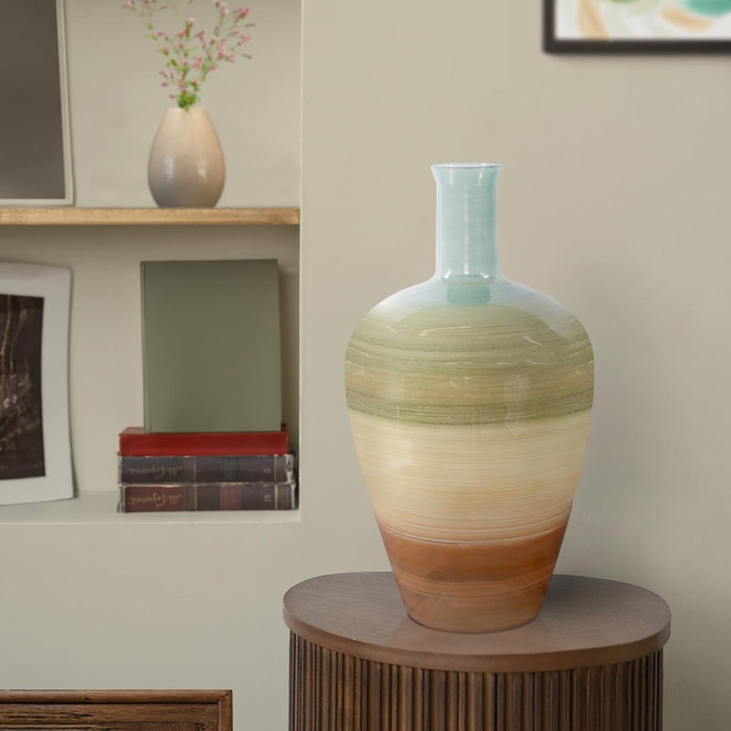 Howard Elliott Capri Stripe Glass Bottle Vase/Short, Teal/Green/Brown
