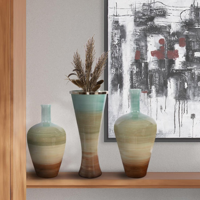 Howard Elliott Capri Stripe Glass Bottle Vase/Short, Teal/Green/Brown