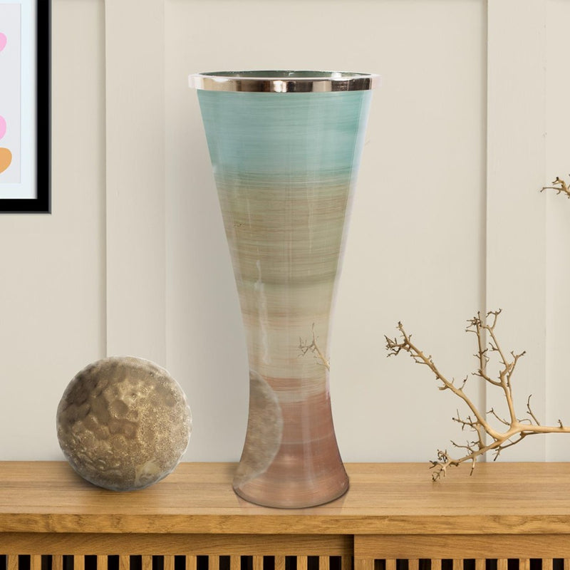 Howard Elliott Capri Stripe Flared Glass Vase/Large, Teal/Green/Brown