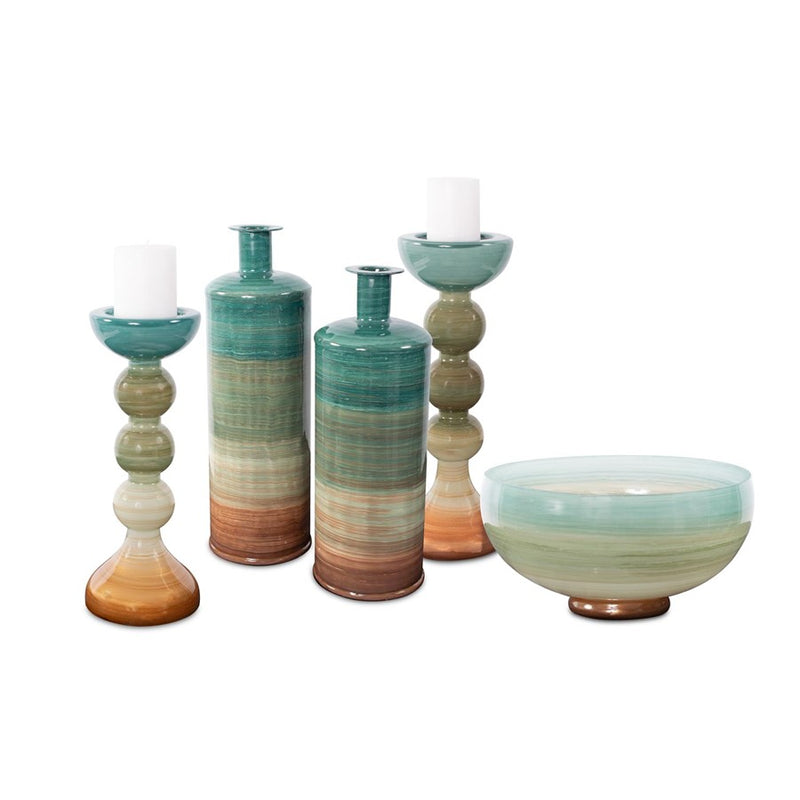 Howard Elliott Capri Stripe Glass Bowl, Teal/Green/Brown