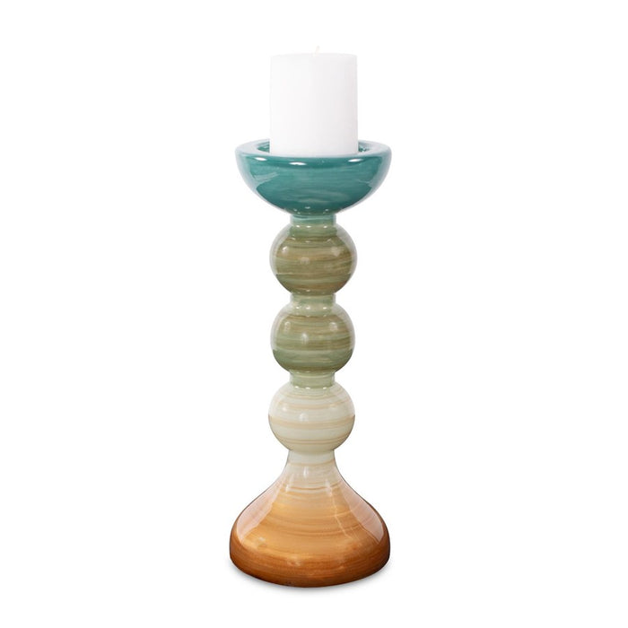 Howard Elliott Capri Stripe Glass Candle Holder/Short, Teal/Green/Brown - 51421