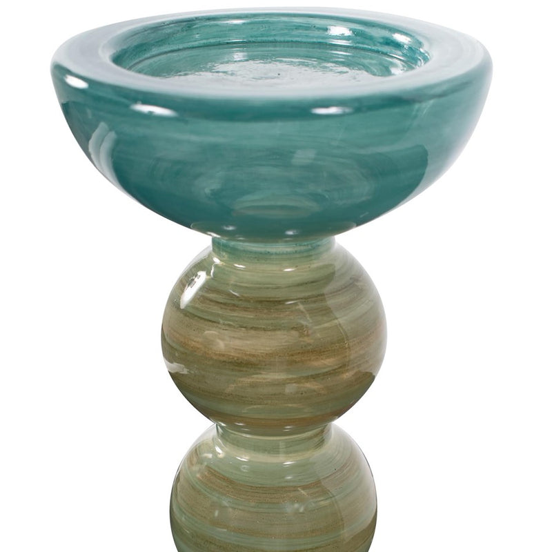 Howard Elliott Capri Stripe Glass Candle Holder/Short, Teal/Green/Brown