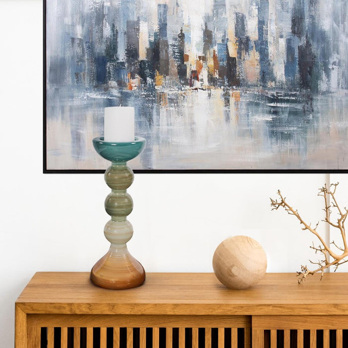 Howard Elliott Capri Stripe Glass Candle Holder/Short, Teal/Green/Brown