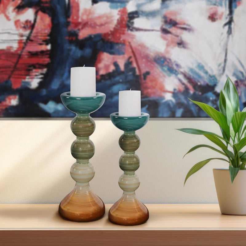 Howard Elliott Capri Stripe Glass Candle Holder/Short, Teal/Green/Brown