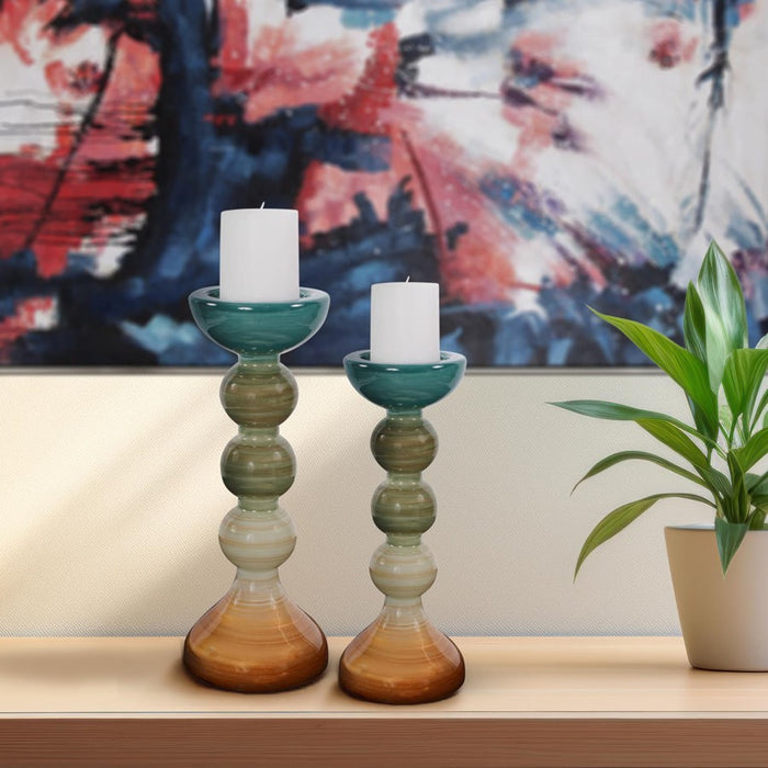 Howard Elliott Capri Stripe Glass Candle Holder/Short, Teal/Green/Brown