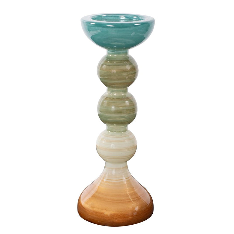 Howard Elliott Capri Stripe Glass Candle Holder/Short, Teal/Green/Brown