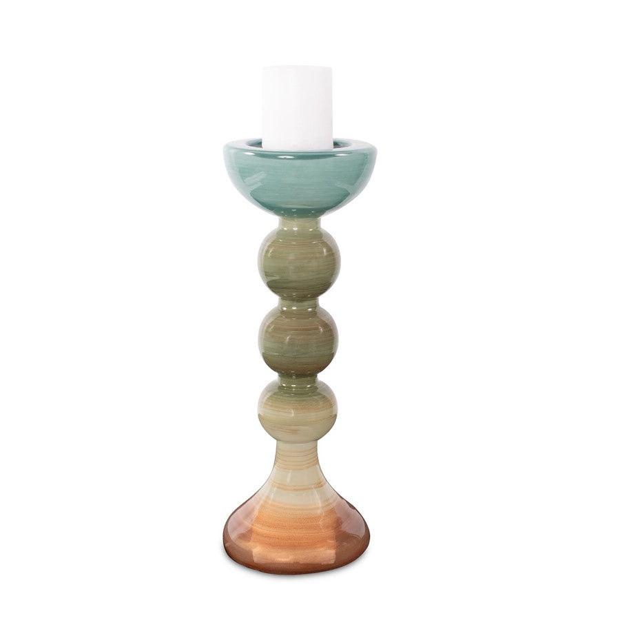 Howard Elliott Capri Stripe Glass Candle Holder/Tall, Teal/Green/Brown - 51422
