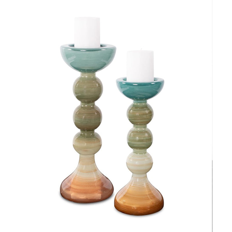 Howard Elliott Capri Stripe Glass Candle Holder/Tall, Teal/Green/Brown