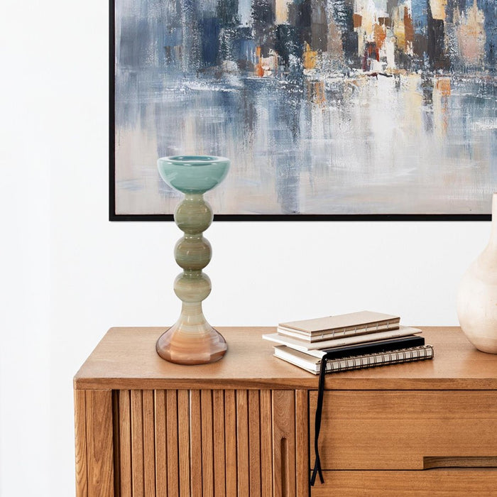 Howard Elliott Capri Stripe Glass Candle Holder/Tall, Teal/Green/Brown