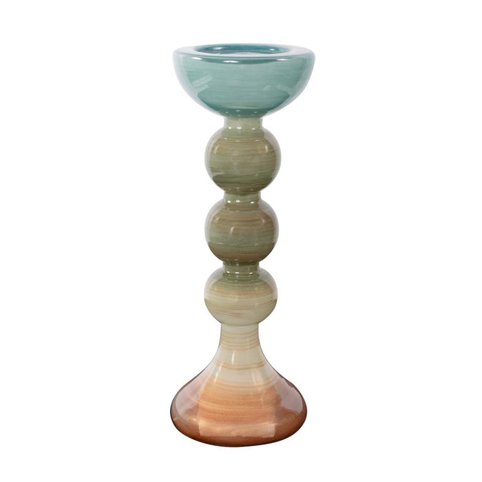 Howard Elliott Capri Stripe Glass Candle Holder/Tall, Teal/Green/Brown