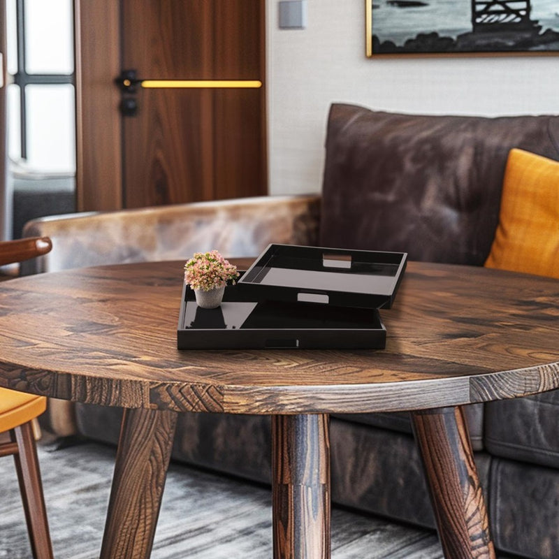 Howard Elliott Black Lacquer Square Wood Tray Set, Black