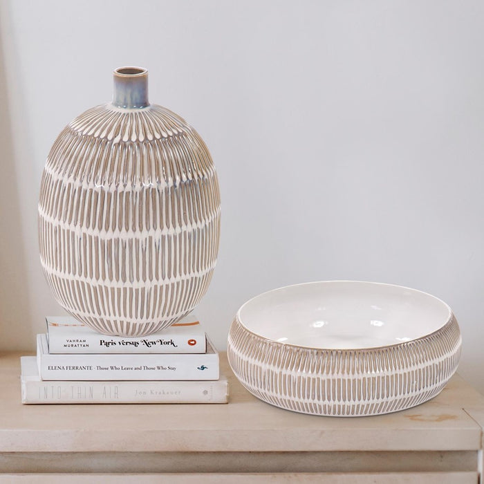 Howard Elliott Caramel Cream Ridged Ceramic Bowl, Natural