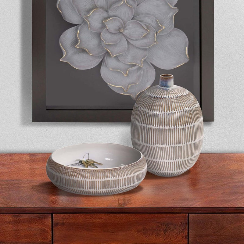 Howard Elliott Caramel Cream Ridged Ceramic Bowl, Natural