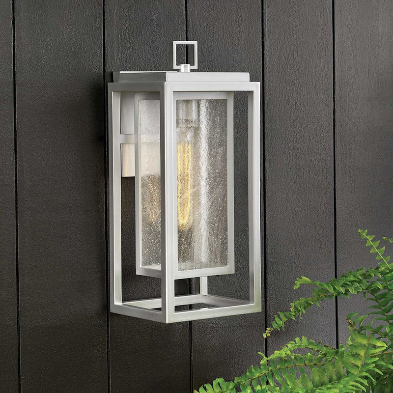 Hinkley Republic 7in 1-Light Outdoor Wall Lantern | Transitional Satin Nickel Composite and Clear Seedy Glass | Covered Patio & Entryway | Model 1004SI-LV