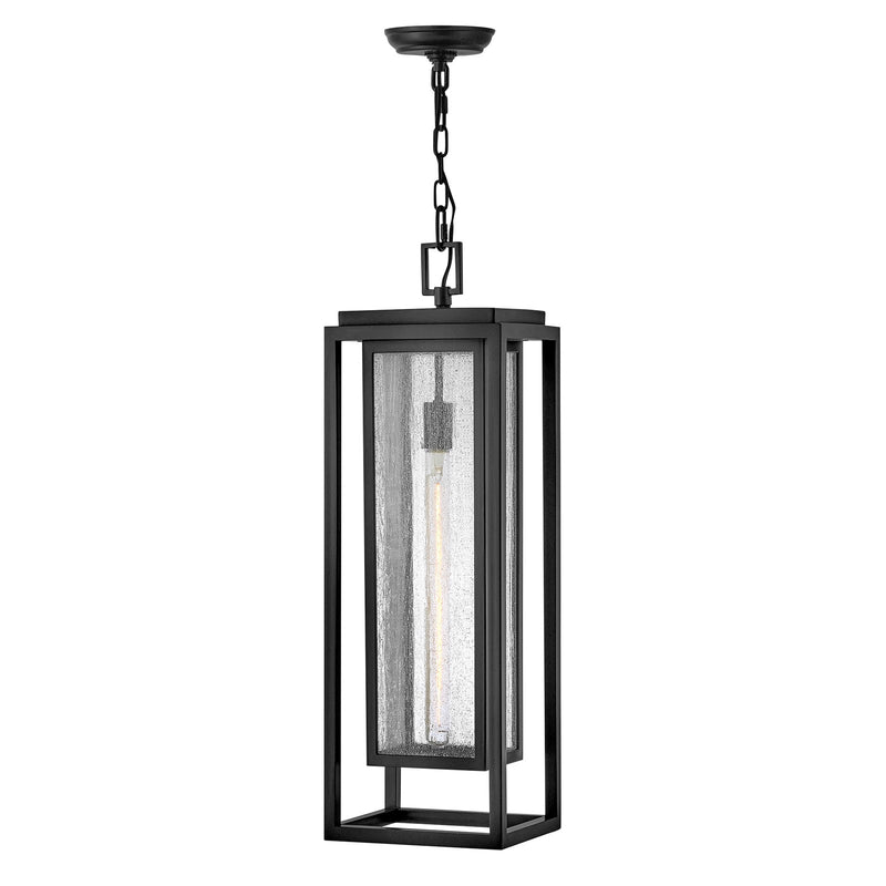 Hinkley Republic 27.5in 1-Light Outdoor Hanging Lantern | Transitional Black Composite and Clear Seedy Glass | Covered Patios & Porches | Model 1006BK