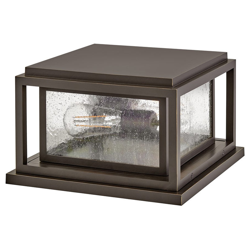 Hinkley Republic 12in 2-Light Outdoor Pier Mount | Transitional Oil Rubbed Bronze Composite and Clear Seedy Glass | Covered Patio & | Model 1008OZ