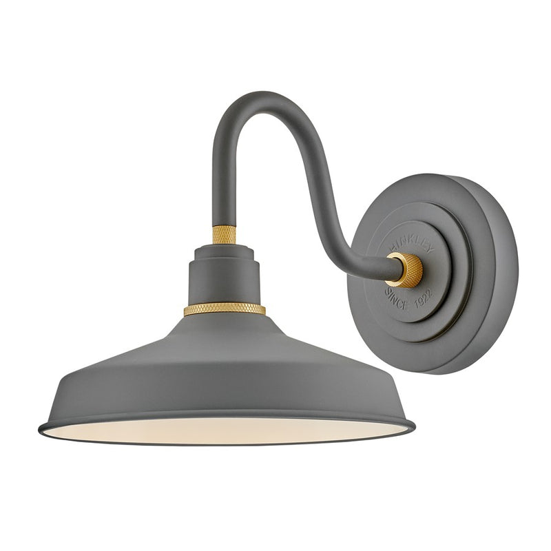 Hinkley Foundry Classic 13in 1-Light Outdoor Wall Sconce | Industrial Dark Matte Grey Aluminum and Brass Accent | Covered Patios & | Model 10231DMG