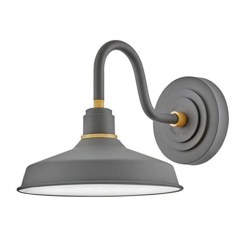 Hinkley Foundry Classic 13in 1-Light Outdoor Wall Sconce | Industrial Dark Matte Grey Aluminum and Brass Accent | Covered Patios & | Model 10231DMG