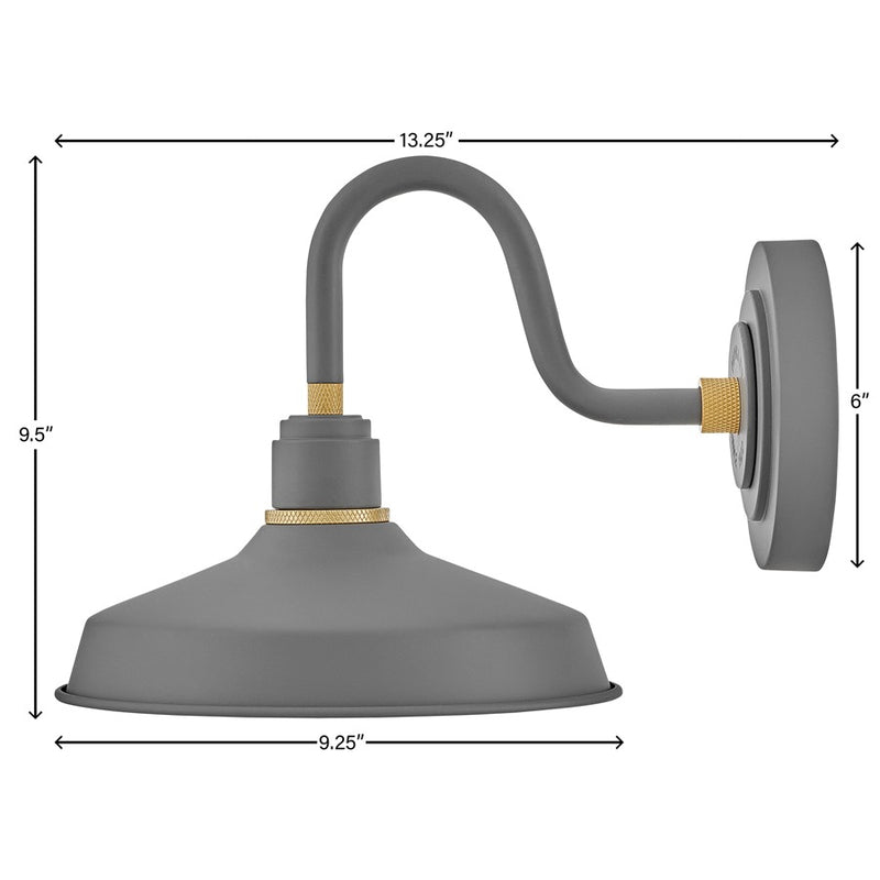 Hinkley Foundry Classic 13in 1-Light Outdoor Wall Sconce | Industrial Dark Matte Grey Aluminum and Brass Accent | Covered Patios & | Model 10231DMG