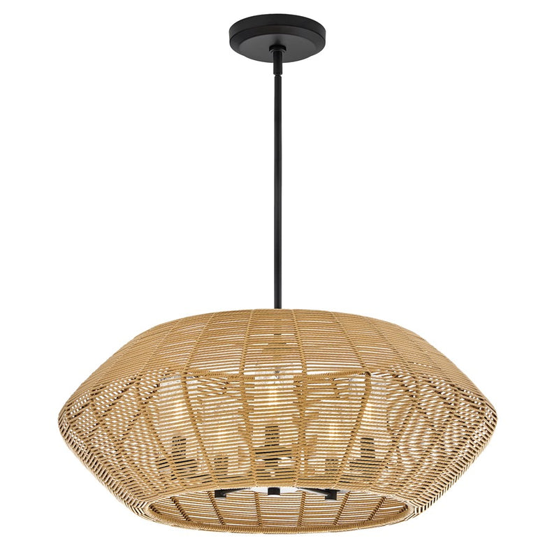 Hinkley Luca 28in 5-Light Outdoor Chandelier | Coastal Black Metal and Camel Woven Shade | Covered Patio & Porch | 28 x 28 x 10 in | Model 10385BK-CML